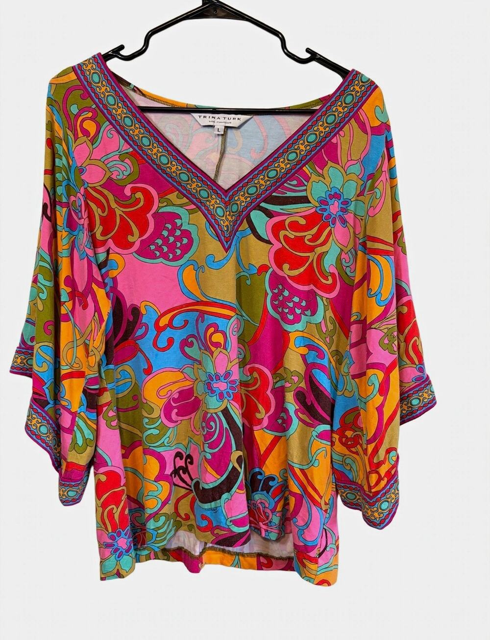 Trina Turk Multicolor Floral V-Neck Tunic Blouse Boho Hippie L
